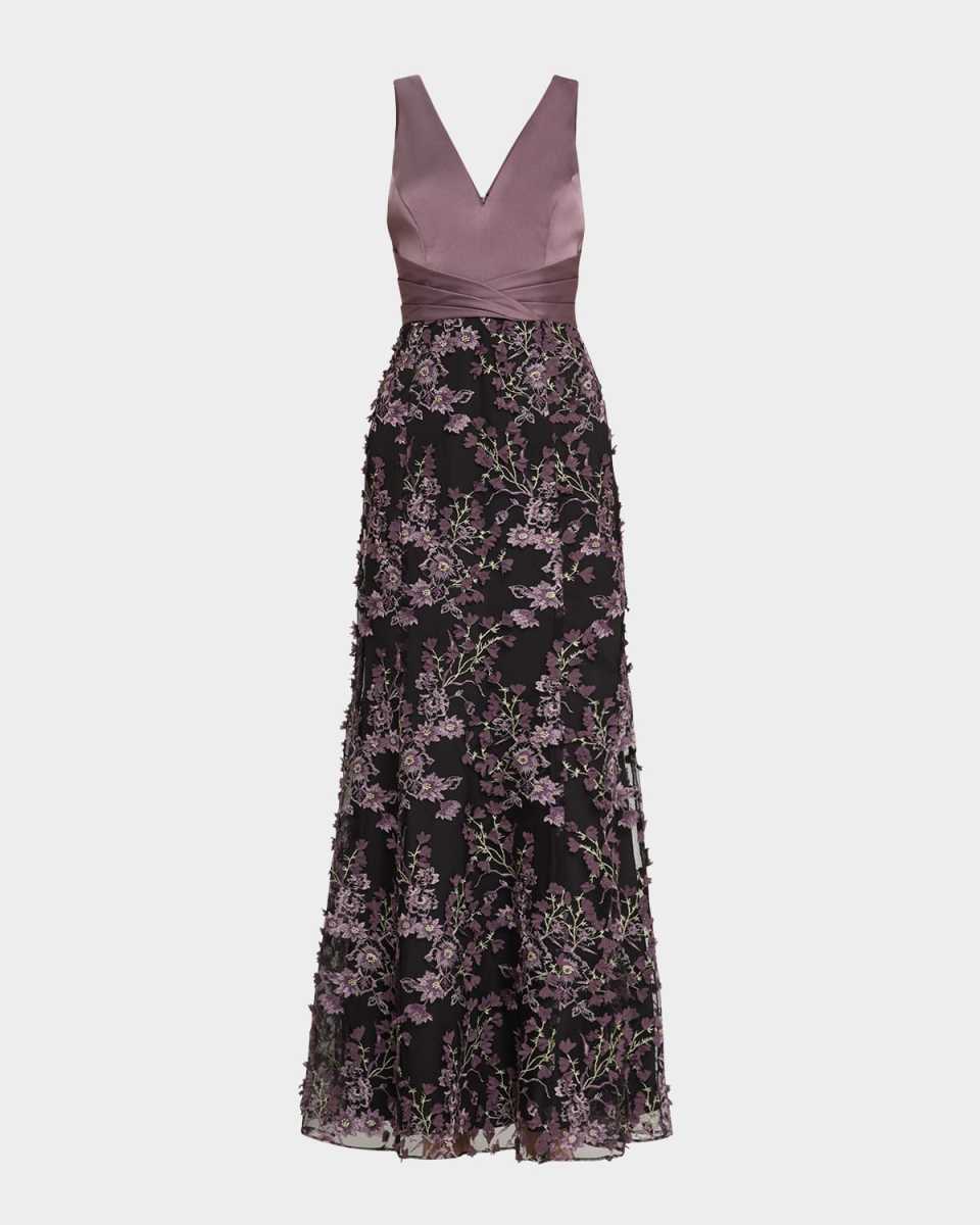 Sleeveless Floral-Embroidered Gown